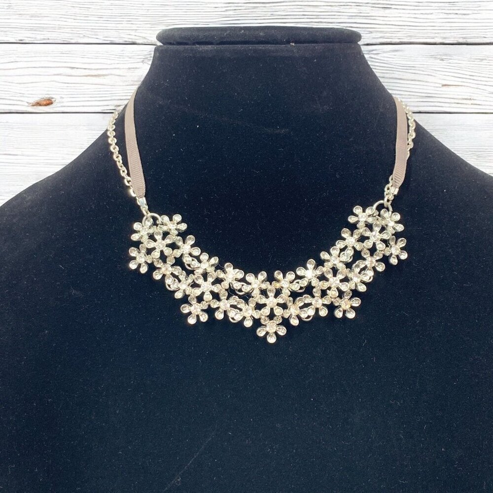 Liz Claiborne Clear Crystal Flower Princess Necklace Silver Chain & Fabric 19"L
